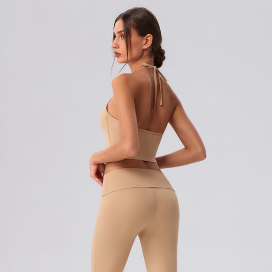 seamless open back workout top khaki colour