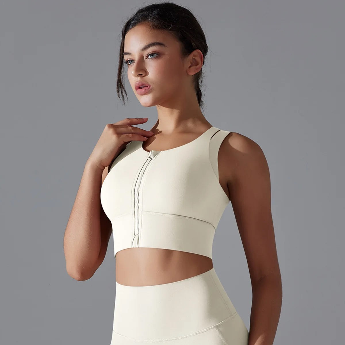 Zip-Front High-Impact Shockproof Sports Bra - Light Ivory