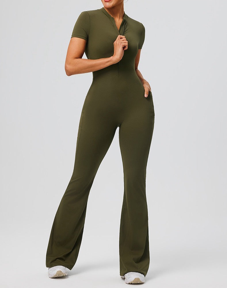 slimming zip front jumpsuit green
