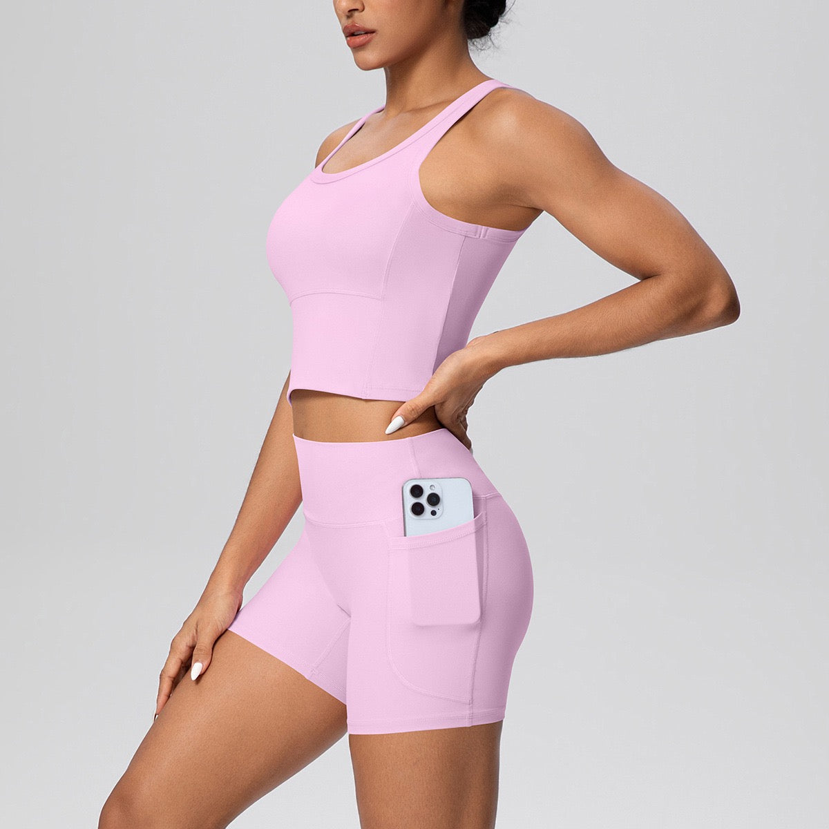 sports bra and pocket shorts set pink