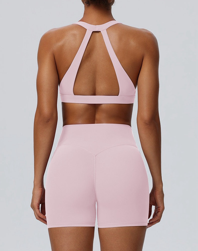 pink sports bra with cutout back