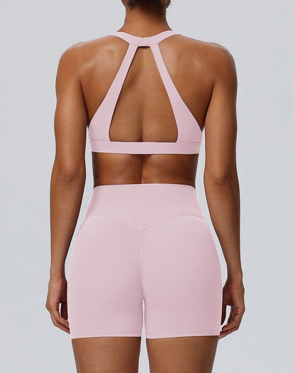pink sports bra with cutout back