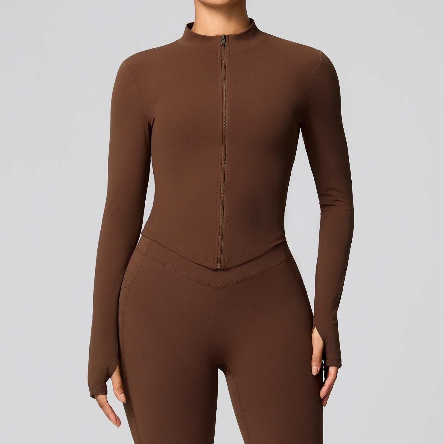 stand collar workout jacket brown