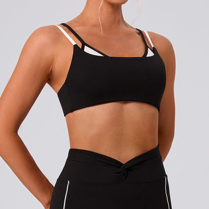 black strappy faux 2-piece sports bra