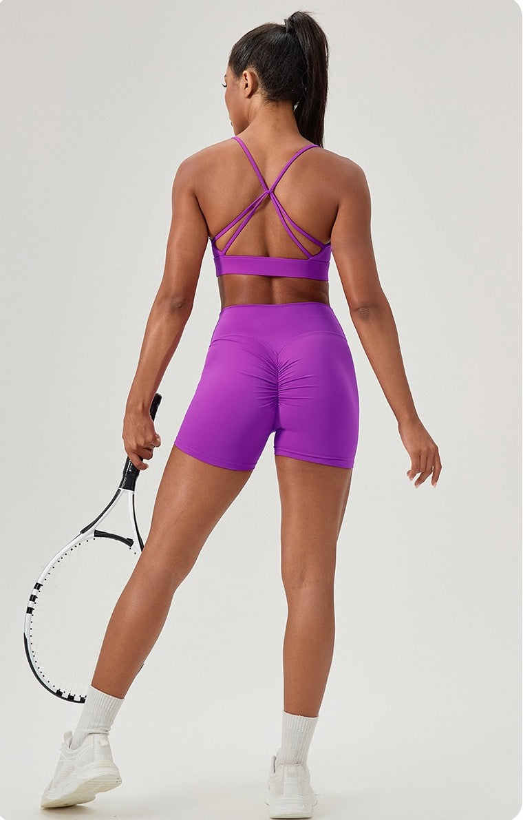 purple strappy gym bra women