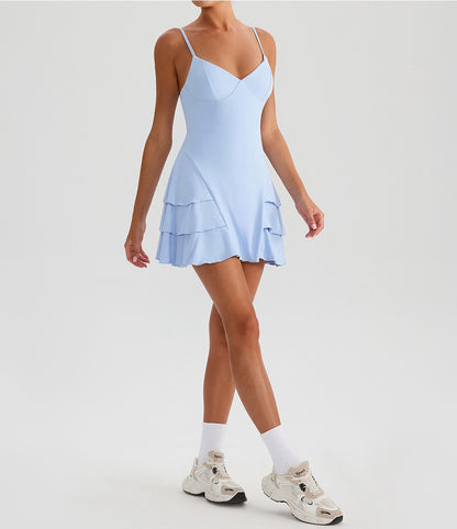 stretch flared mini dress light blue color