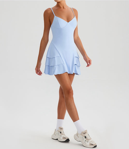 stretch flared mini dress light blue color