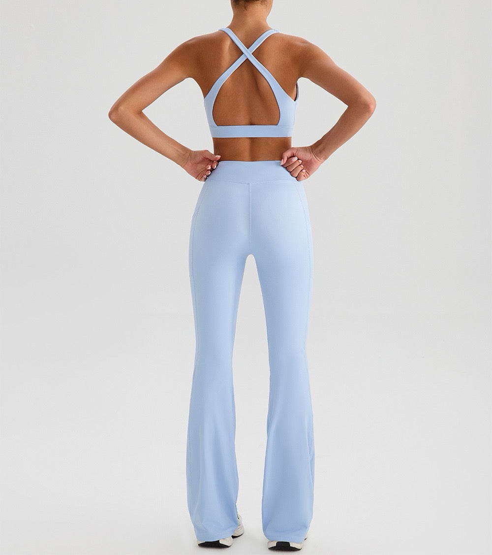 stylish criss-cross back sports bra blue colour