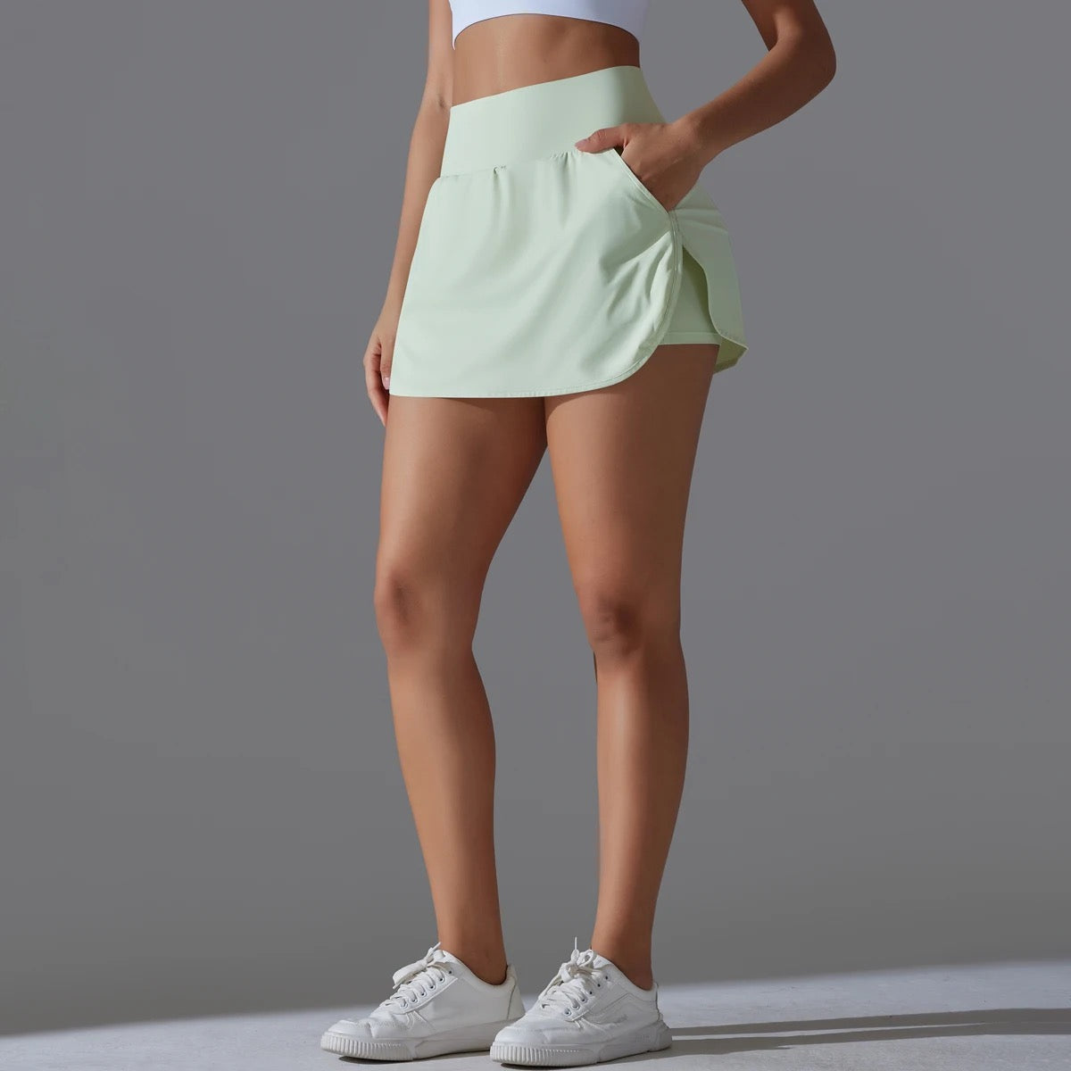 High-Waist Tennis Skirt with  Pockets and Built-In Shorts - White