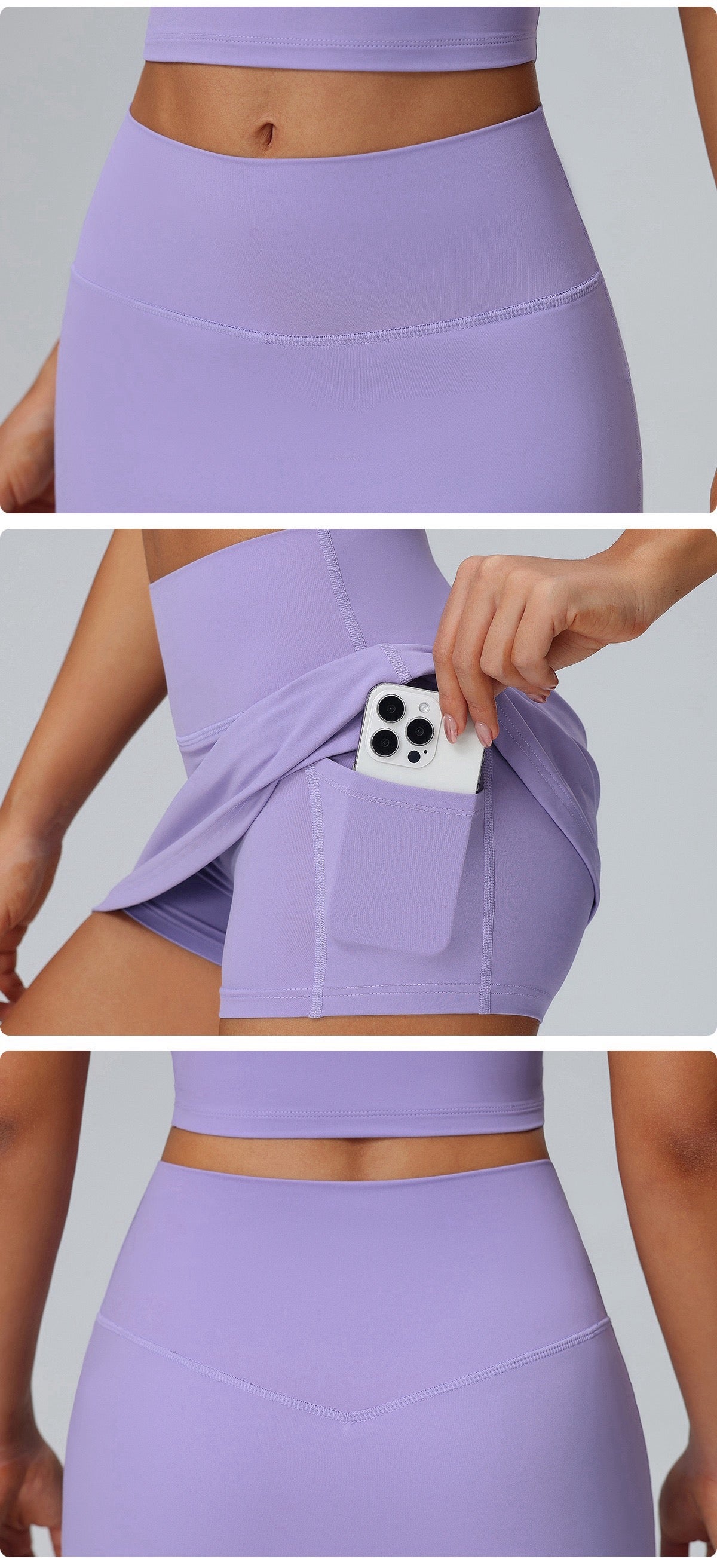 purple tennis skort with phone pocket