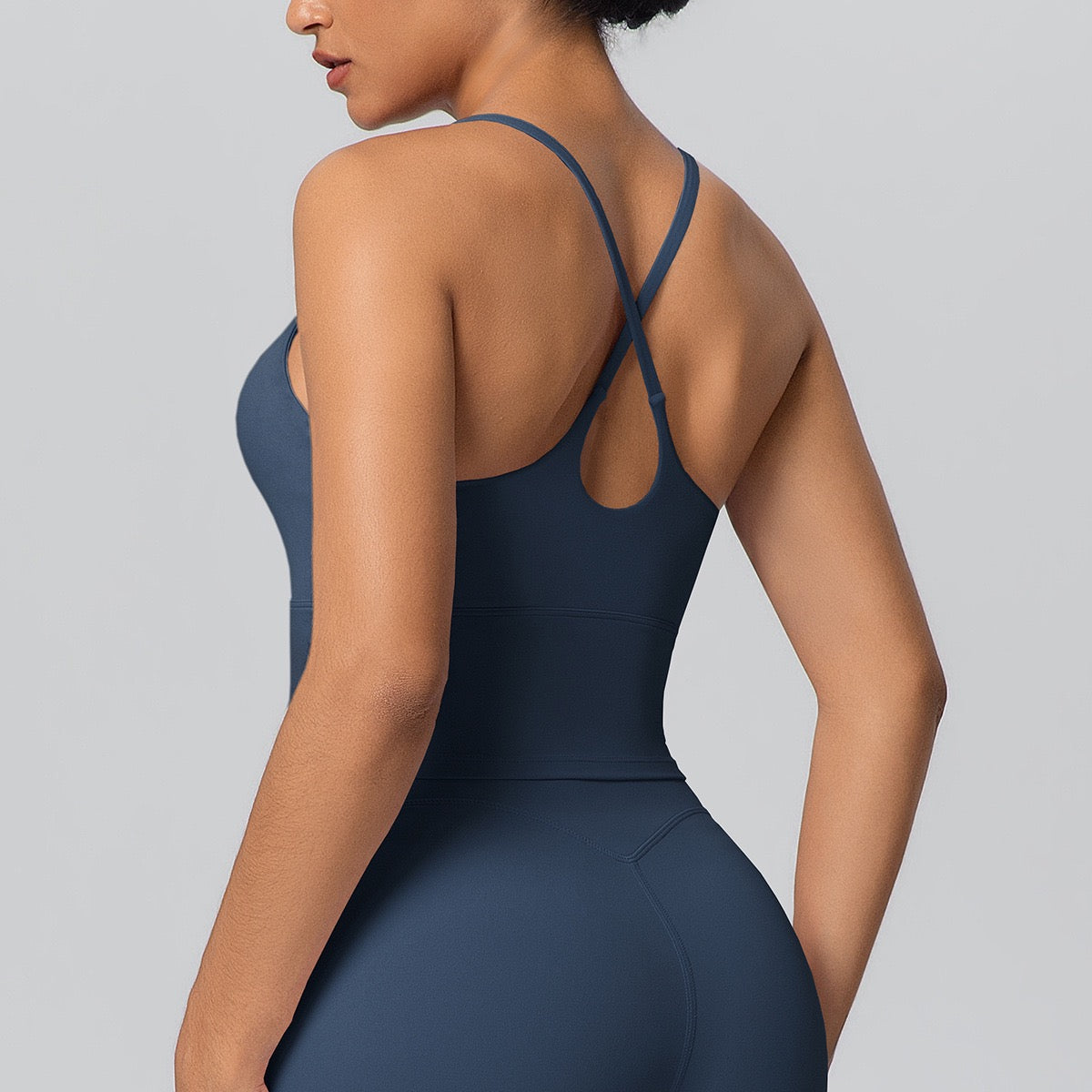 navy blue trending cross-back yoga top 