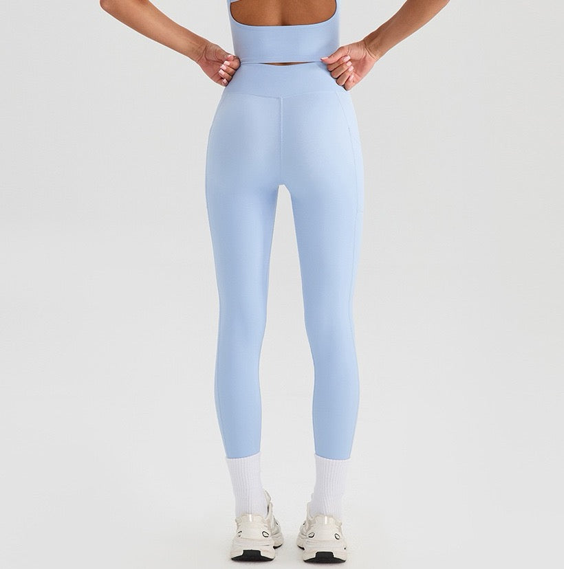 blue crossover high waisted leggings