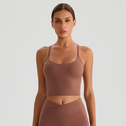 brown open-back sports bra crop top
