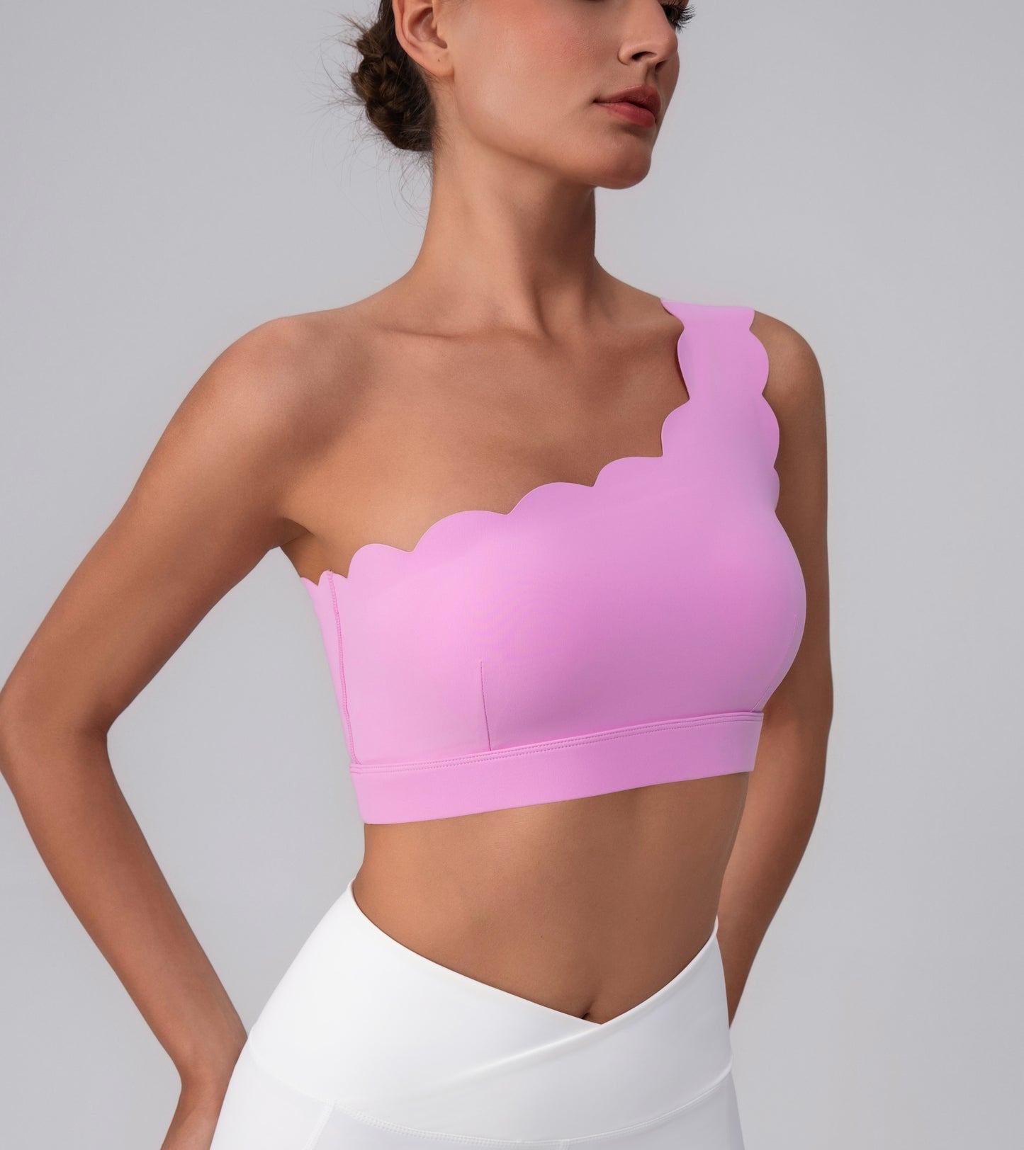 One-Shoulder Scallop Edge Sports Bra – Barbie Pink