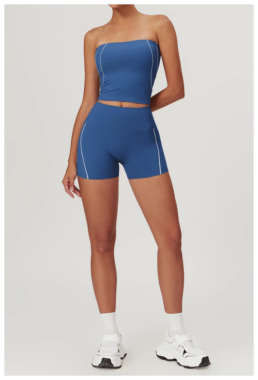 Sporty Chic 2-Piece Set: Tube Top & High-Rise Shorts - Blue