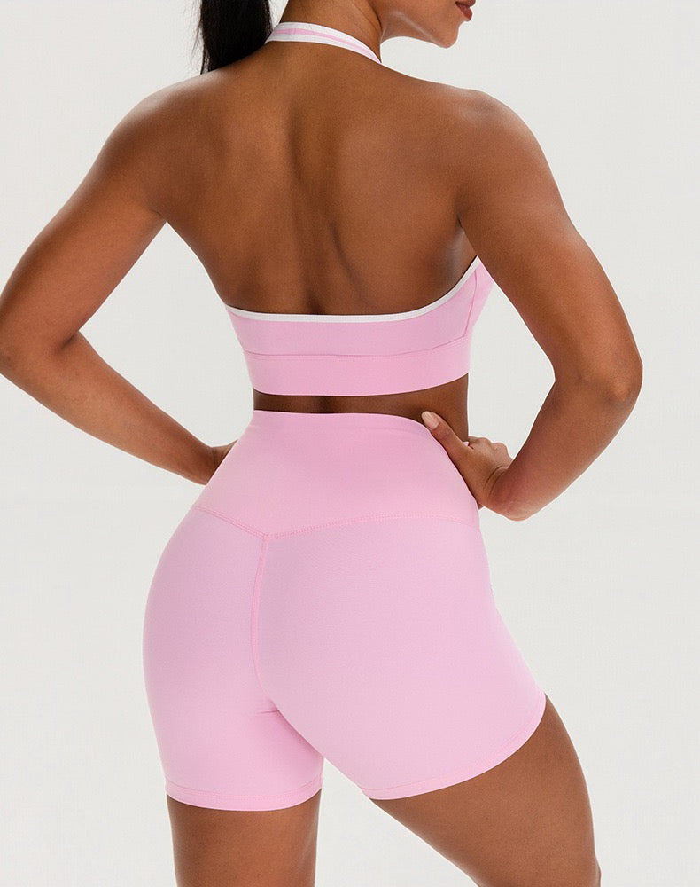 tummy control shorts matching sports bra pink