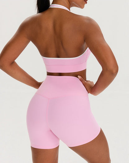 tummy control shorts matching sports bra pink