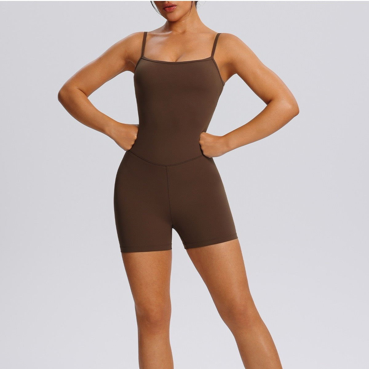 tummy control workout romper brown