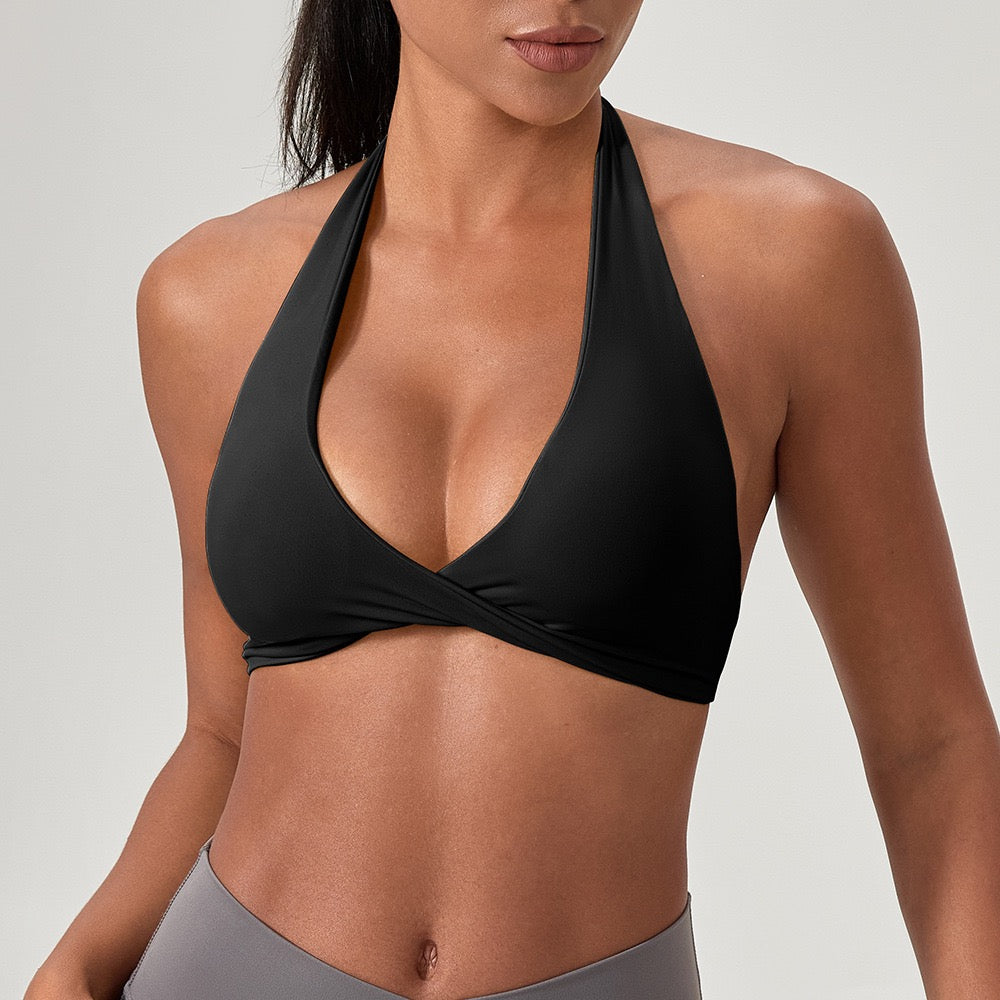 black twist front sports bra