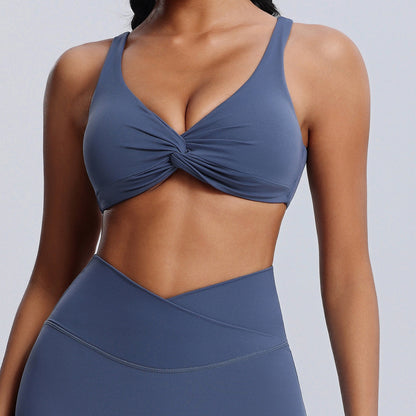 blue twist front sports bra