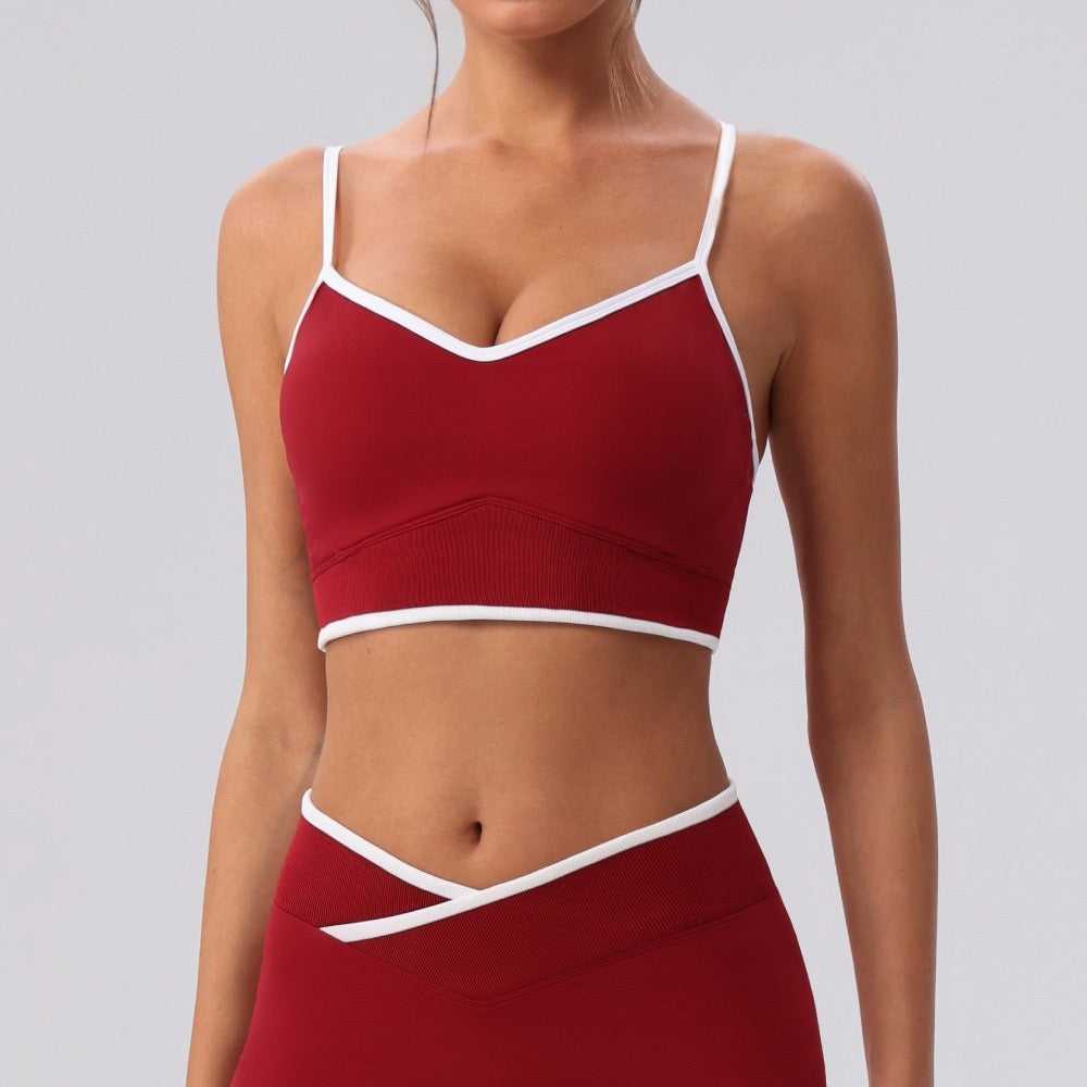 v neck sports bra red color