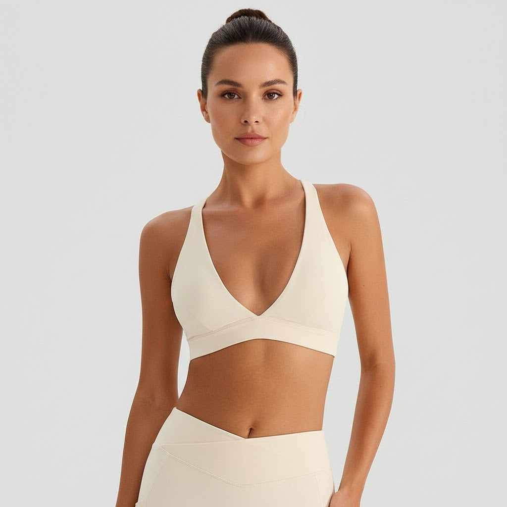 Black Deep V-Neck Cross Back Sports Bra – Essential Everyday Sports Bra