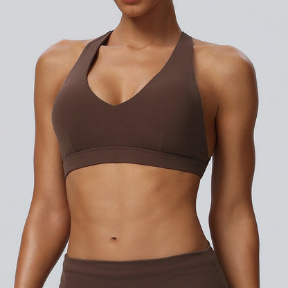 womens v neck workout bra brown