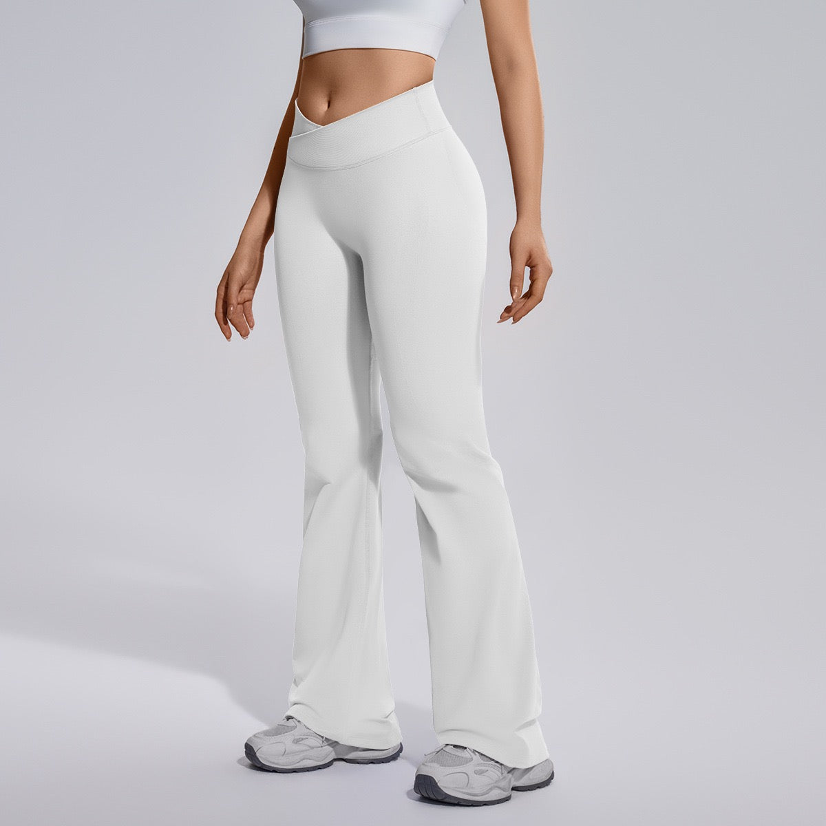 crossover waist flare leggings white