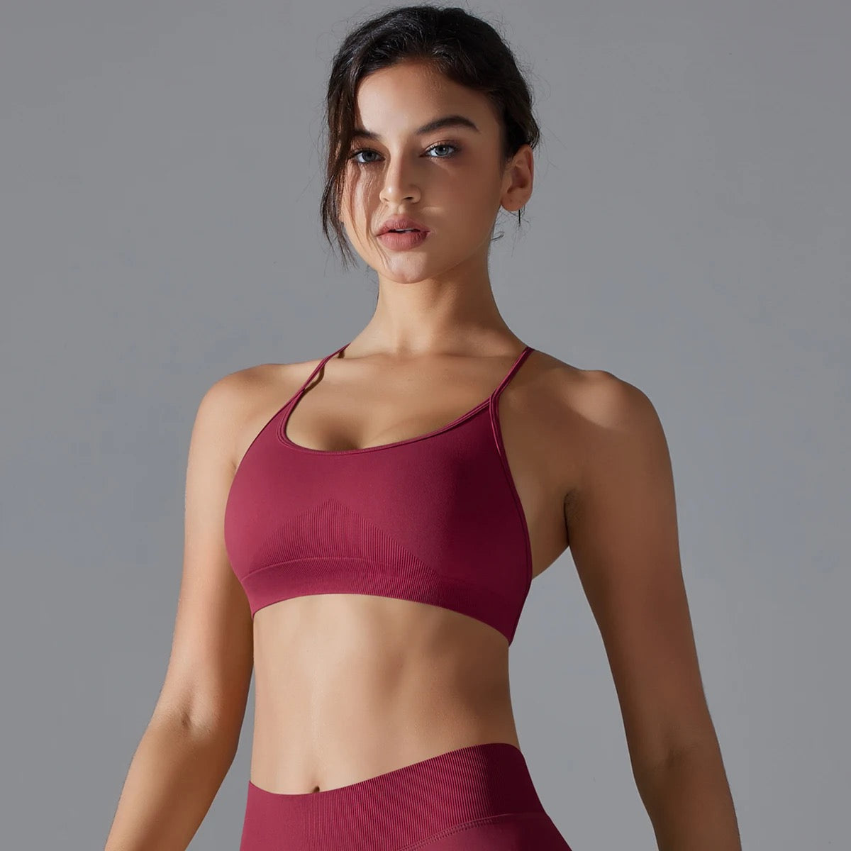 Strappy Crisscross Back Sports Bra - Wine Red