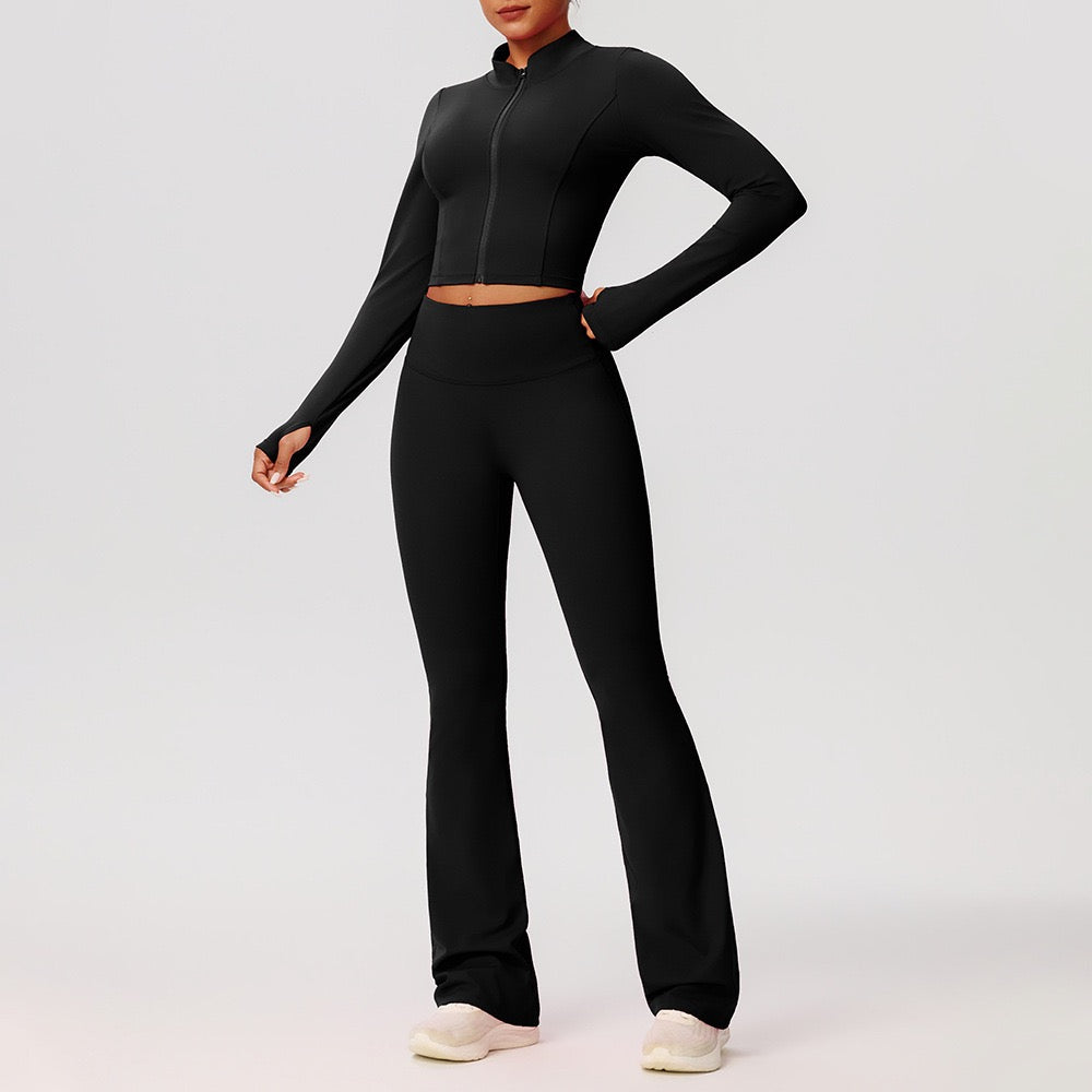 women flare leggings workout set black