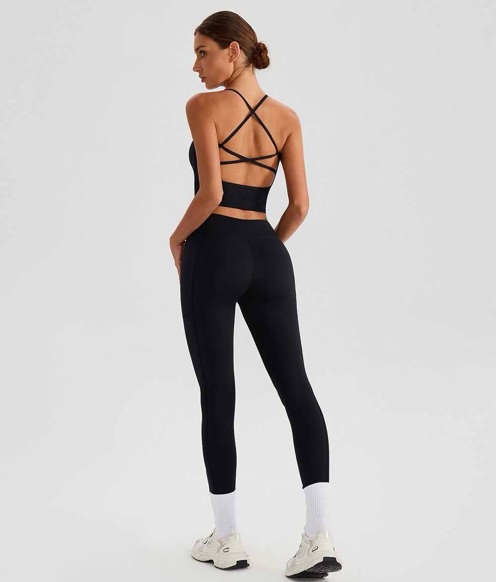 black 2-piece gym set with strappy back top for women