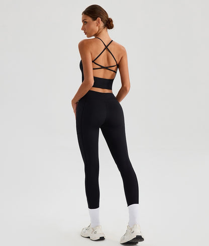 black 2-piece gym set with strappy back top for women