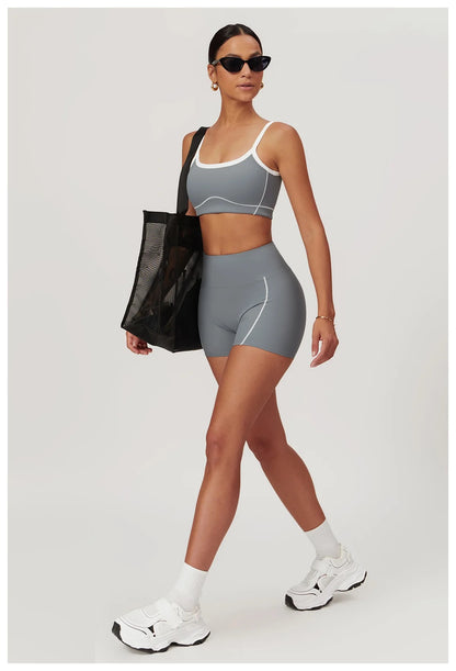 Wave Essential Sports Bra & High-Waist Shorts Set – Grey