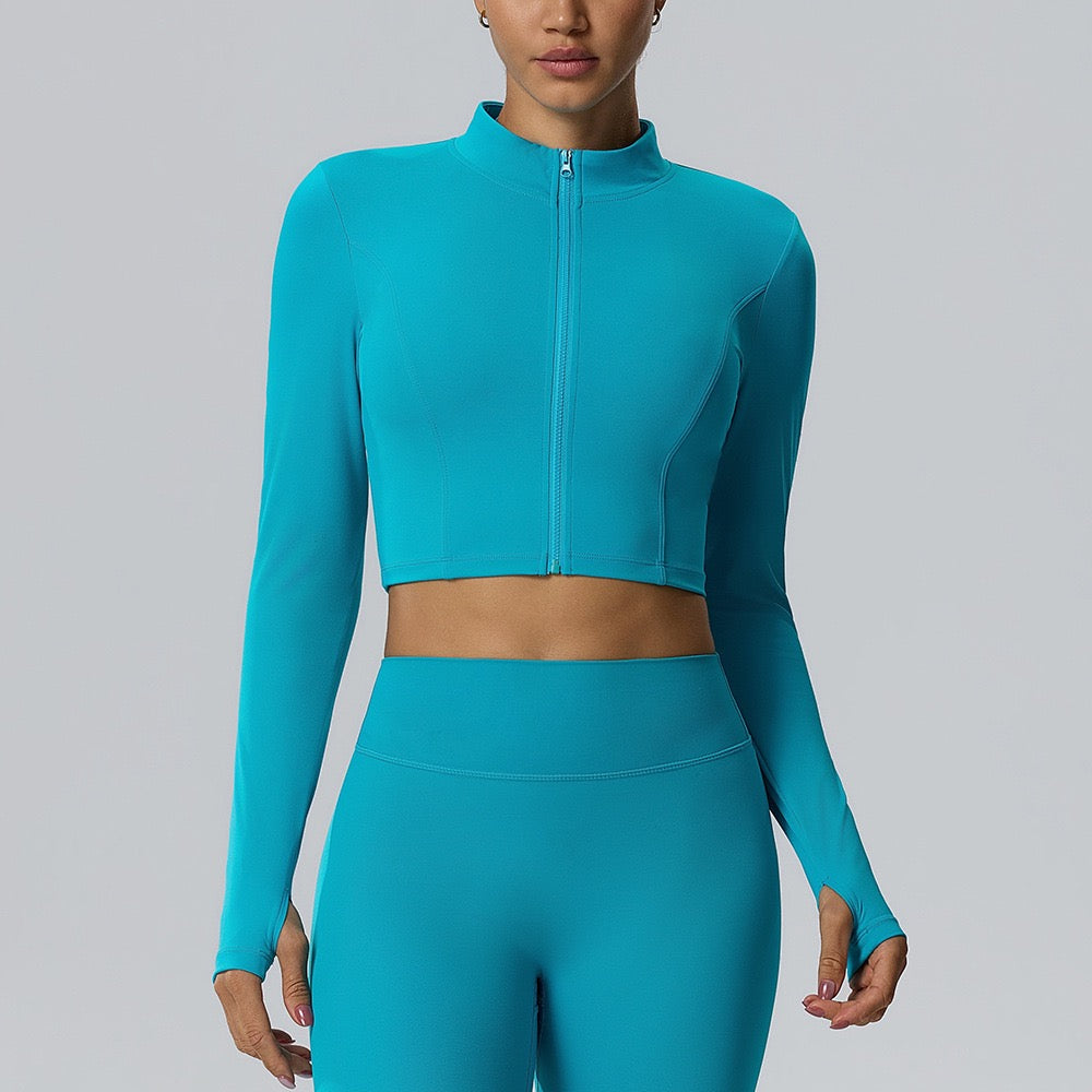 women's cropped gym jacket with thumb holes