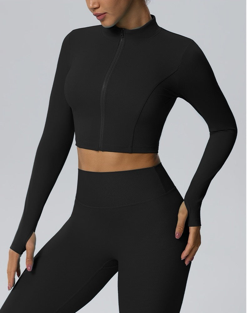 women's black cropped training jacket with thumbholes
