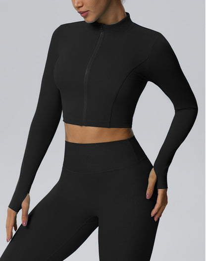 women's black cropped training jacket with thumbholes