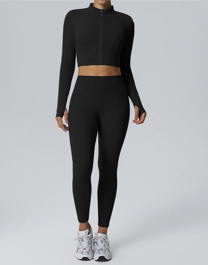 women's black cropped zip jacket for pre workout