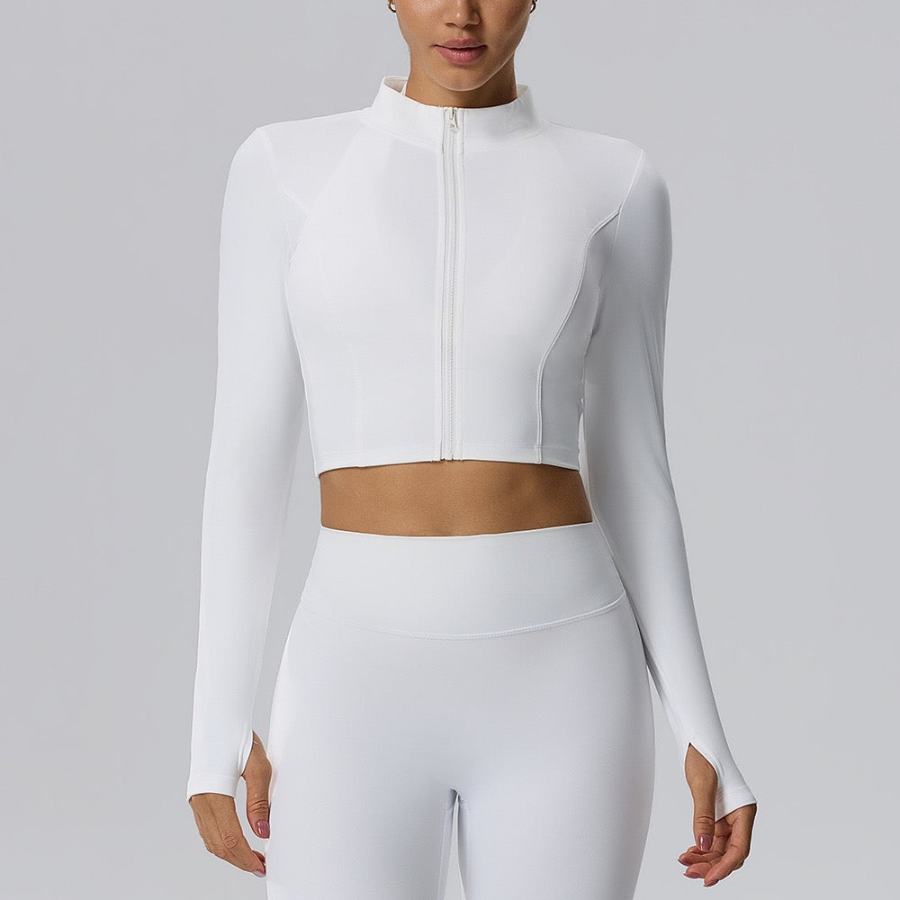 women's fitted cropped workout jacket white