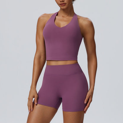 women's gym set with shorts purple
