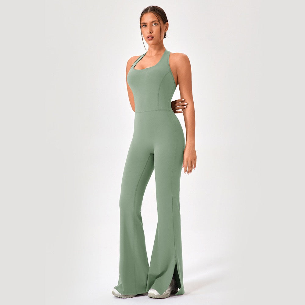 green halter yoga jumpsuit