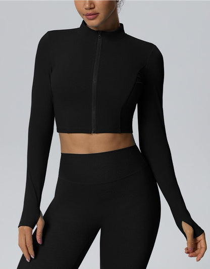 women's black long sleeve cropped fitness jacket