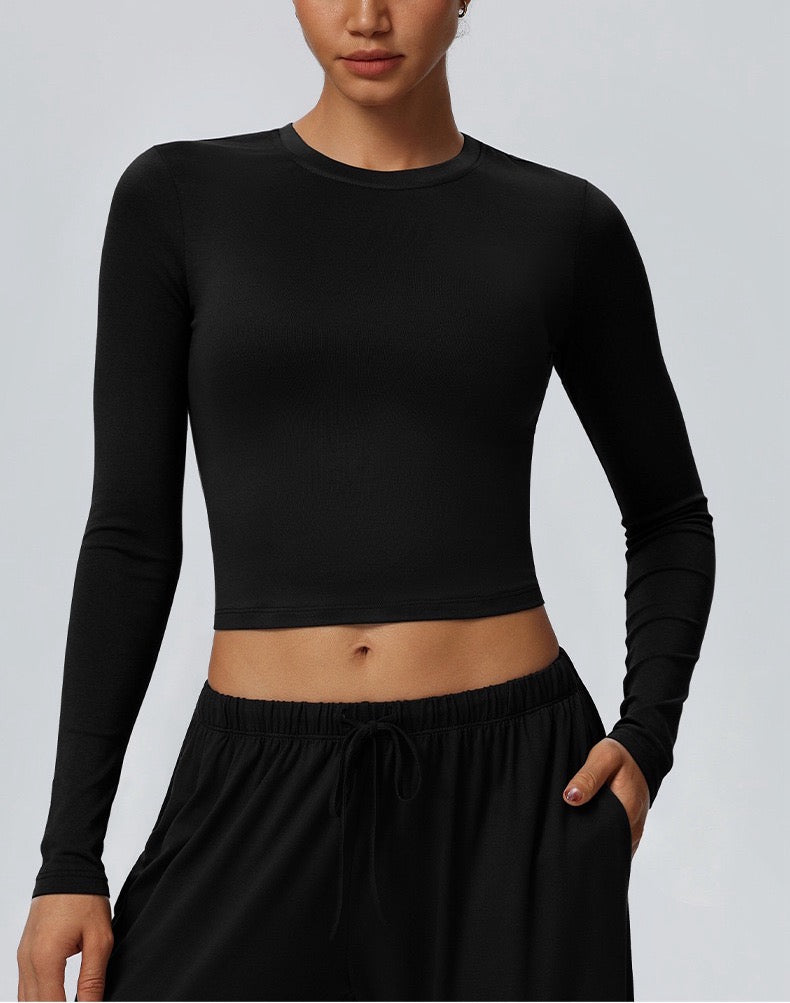women's long sleeve workout crop top black