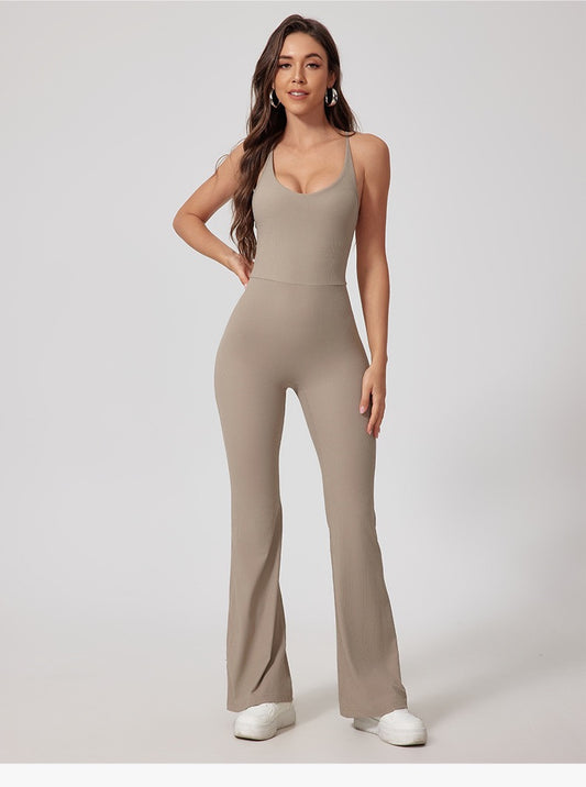 Women's Cross Back Flare Leg Onesie - Linen Color