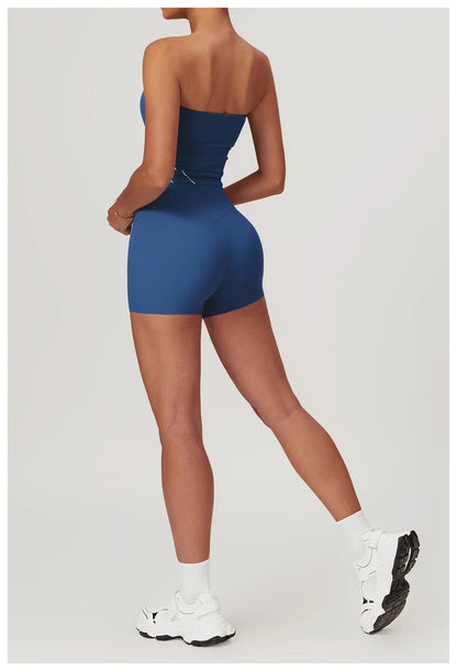 Sporty Chic 2-Piece Set: Tube Top & High-Rise Shorts - Blue