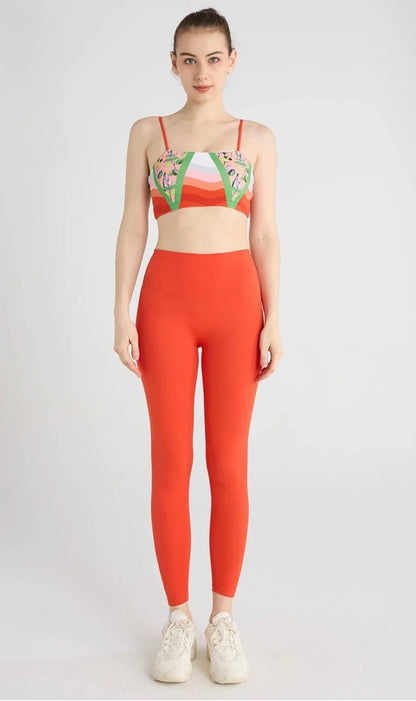 Colorful High-Waist Leggings with Matching Printed Crop Tops Set - Red