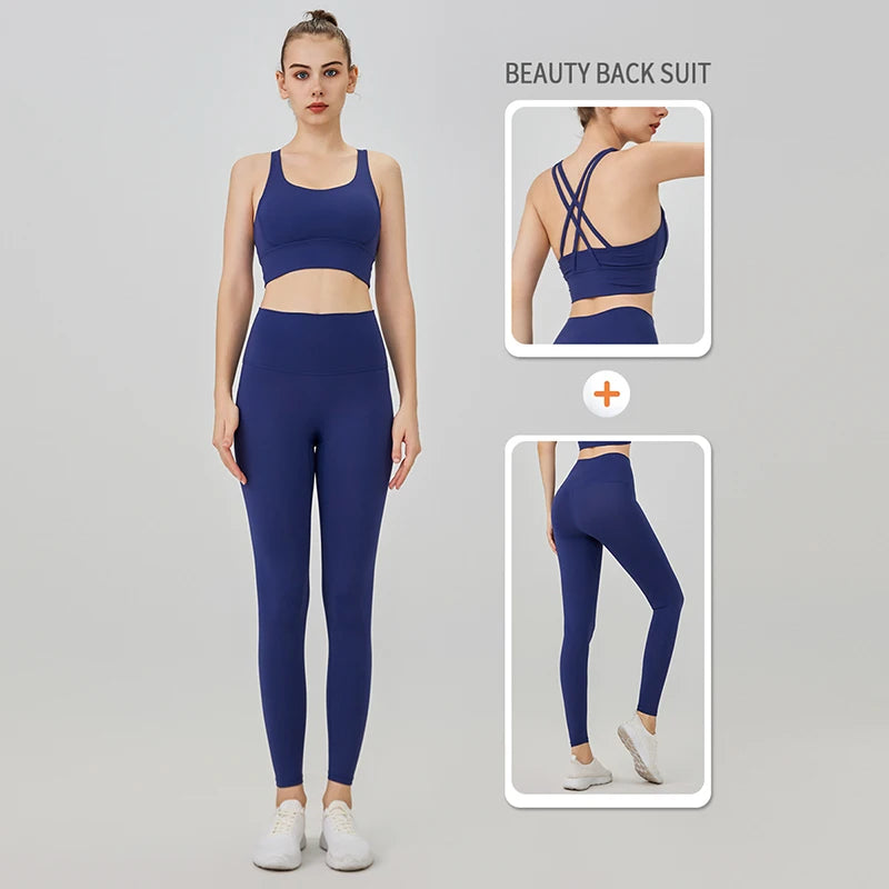womens cross back sports bra and matching leggings set