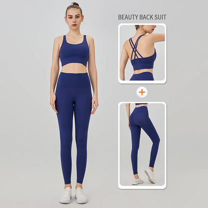 womens cross back sports bra and matching leggings set