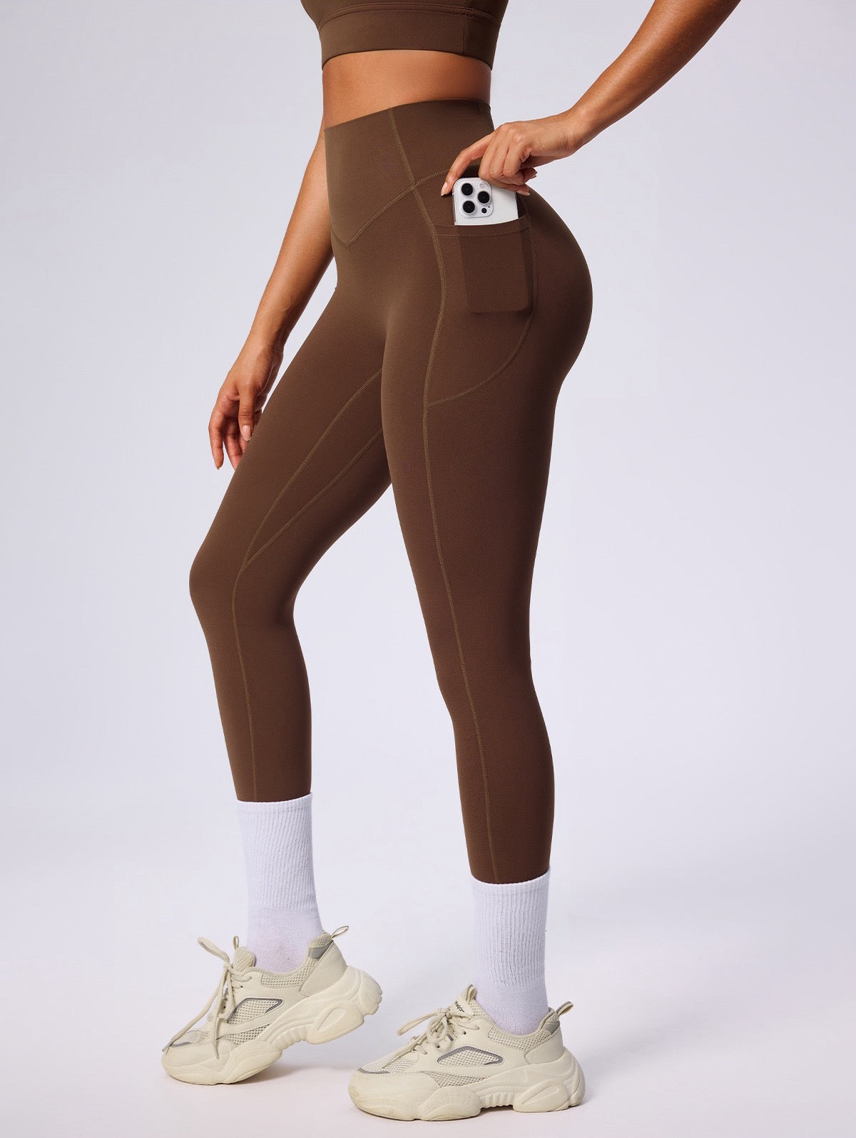 womens brown yoga pants with phone pocket