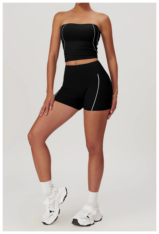 Sporty Chic 2-Piece Set: Tube Top & High-Rise Shorts - Black