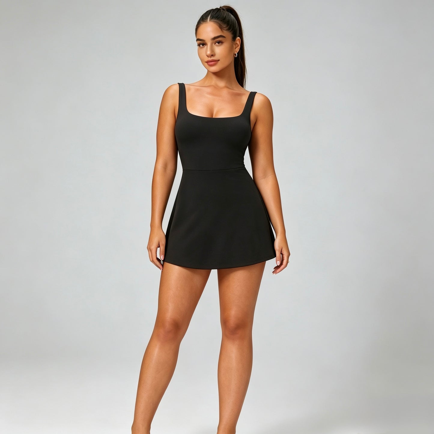 black workout dress with built-in bra and shorts